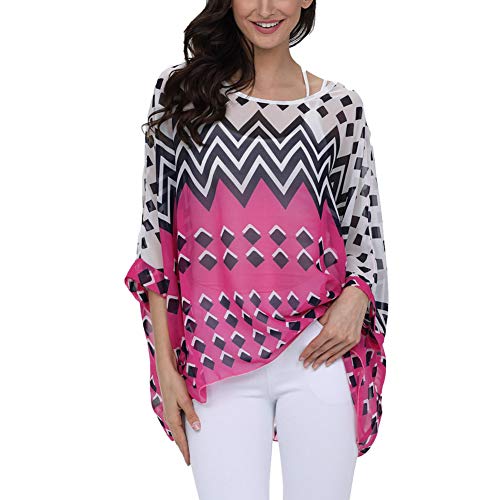Image of Ckikiou Plus Size Batwing Flowy Semi Sheer Chiffon Blouse Tunic for Women Summer Floral Print Boho Beach Cover ups