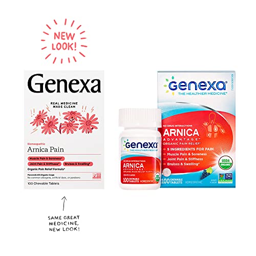 Genexa Arnica Pain Relief Remedy - 100 Chewable Arnica Tablets - Certified Vegan, Organic, Gluten Free & Non-Gmo - Homeopathic Remedies #TOP1