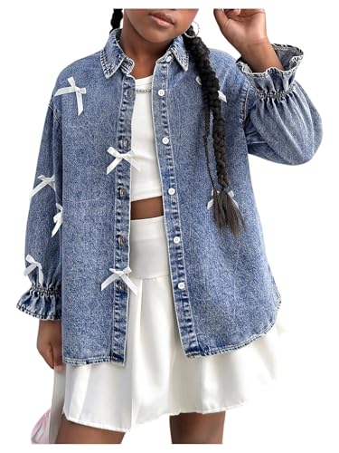 WDIRARA Girl's Bow Denim Jacket Button Down Long Flounce Sleeve Jean Outerwear