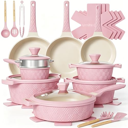 Pots and Pans Set Non Stick 26PCS Nonstick Cookware Set Induction Cook Ware Includes Steamer & Silicone Utensils Housewarming Gift Pink Kitchen Cooking Sets w/Frying pan (PFOS PFOA Free)