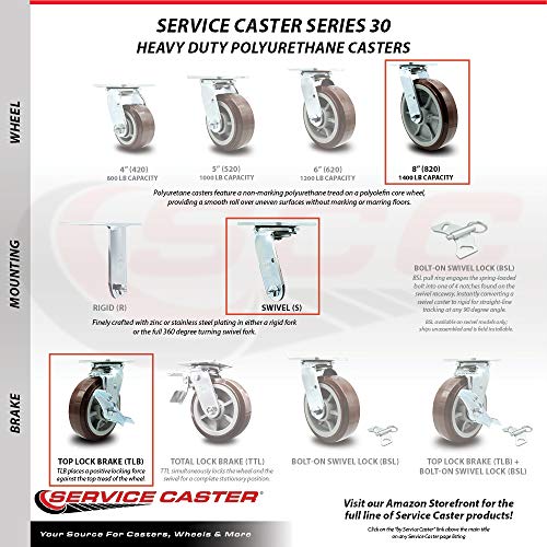 Service Caster Brand 8 Inch Heavy Duty Swivel Caster Wheel Polyurethane Wheel – 1,000Lbs./Caster – Swivel Plate Caster With Locking Brake & Roller Bearing #TOP4