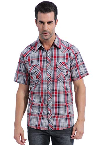 Coevals Club Men's Casual Plaid Pearl Button Snap Front Short Sleeve Shirt Regular Fit (Red/Gray #22, XL)