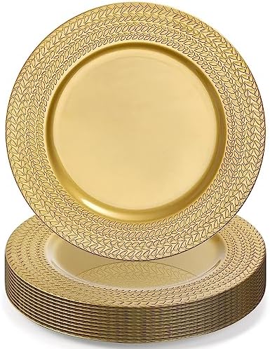 SOUJOY 12 Pack Plastic Gold Charger Plates, 13 Inch Dinner Plate, Leaf Trim Antique Charger Plate for Weddings, Parties, Anniversary, Valentine's Day, Easter