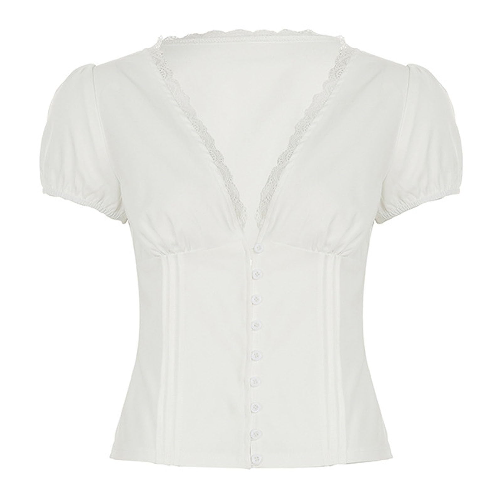 Generisch Weißes Hemd aus französischer Spitze für Damen, Design-Feeling, Knopfleiste, Spitzenfalten, schmale Passform, tiefer V-Ausschnitt, kurzärmeliges Oberteil