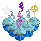 Mermaid Cupcake Toppers 48 Pcs Glitter Cake Topper for Mermaid Themed Party Decoration Supplies