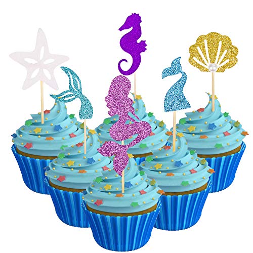 Mermaid Cupcake Toppers 48 Pcs Glitter Cake Topper For Mermaid Themed Party Decoration Supplies #TOP8