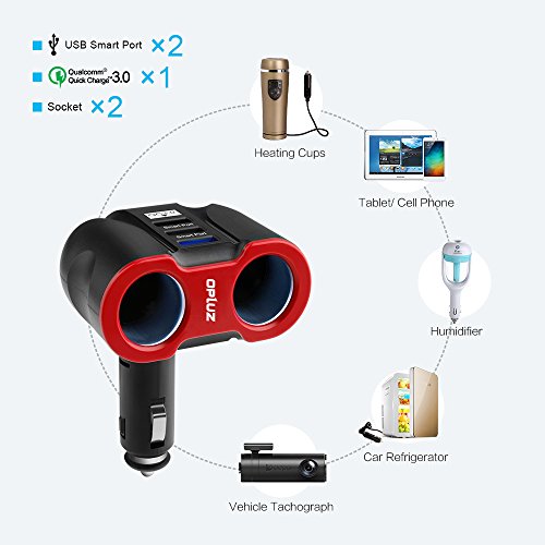 QC3.0 Smart Car Charger, 2 Socket + 3 USB (2xSmart USB Port & 1xQC3.0 USB Port) Multifunction Car Socket Splitter Adapter Built-in 10A Fuse for Smart Phones, Tablets, GPS, MP3 Players