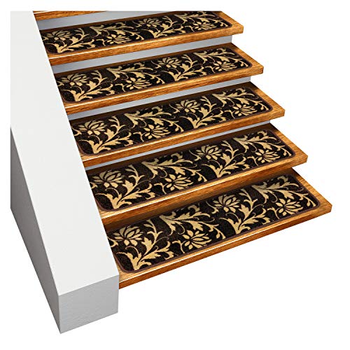 House, Home and More Set of 15 Skid-Resistant Carpet Stair Treads – Laurel Lane – Espresso Brown & Golden Cream – 9 Inches X 36 Inches