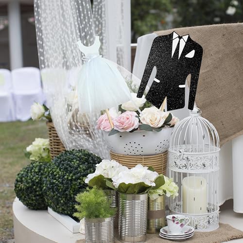 Image of 8pcs Bridal Shower Centerpiece Sticks Glitter Wedding Party Centerpiece Decorations for Bride and Groom White Tulle Dress Black Tuxedo Dress Theme Party Table Toppers for Bridal Shower Supplies