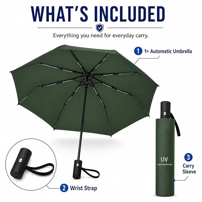 Image of Auto Open Umbrella with Carabiner Hook Handle - 3 Fold Compact Travel Umbrella for Men & Women | Double Fibreglass Wind Resistant Frame | UV Coated Sun & Rain Protection