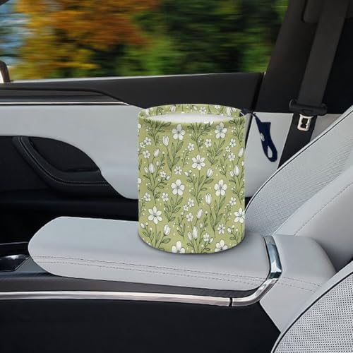 Image of Green Flower Hanging Portable Car Trash Can Waste Basket Car Accessories Interior Collapsible for Men and Women Easy to Install