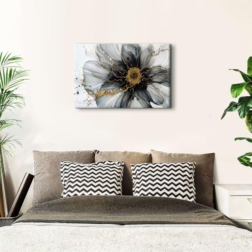 Image of Black and White Flowers Abstract Wall Art Black and Gold Wall Decor Nordic Marble Texture Pictures for Living Room Modern Watercolor Minimalist Paintings Posters Artwork Bedroom Home Decoration 24x36 inch