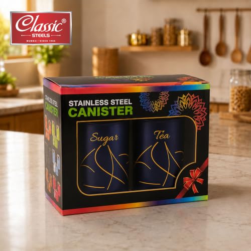 Image of Classic Steels Premium Long Tea & Sugar Canister Set (850ml) (Blue) | Airtight Kitchen Canisters Stainless Steel Storage Jars with Gold Lid & Label | Matte Finish Kitchen Storage Container Set