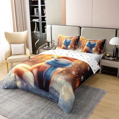 100% Natural Cotton Fox Duvet Cover King Size for Kids Boys,Winter Cartoon Animals 3 Pieces Duvet Cover,New Year Fox Farmhouse Style Comforter Cover (Not Comforter),Dreamy Snow Night Quilt Cover