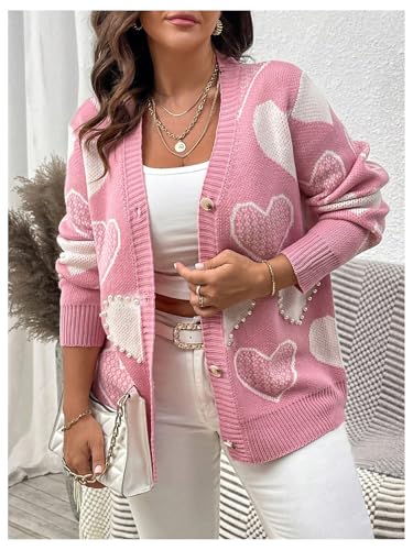 Women's Plus Size Pearl Heart Sweaters Y2K Button Down Long Sleeve Knit Outerwear Cardigan Fall Tops3