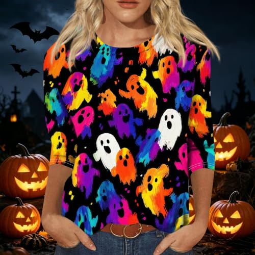 Image of Women Spooky Halloween Graphic Shirt 3 /4 Length Sleeve Crewneck Top | Halloween Funny Printed Pumpkin Plus Size Tshirts 2026 Fall Outfits Skeleton Tee Going Out Tops