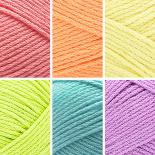 Image of Lion Brand Yarn, 24 /7 Cotton Mercerized Lightweight Yarn for Knitting, Crochet, and Crafts, Candy Coated, 6 Pack, Multicolor Pack of Natural Fiber for Breathable Tops, Durable Bags, and Dish Cloths