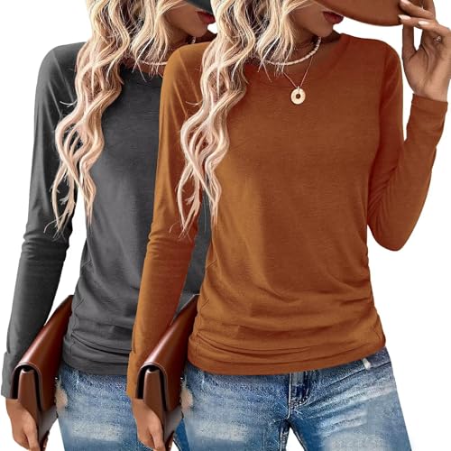 Image of Gihgoew 2 Pack Womens Tops Crewneck Soft Long Sleeve Shirts Fall Clothes Casual Tshirts Basic Tee