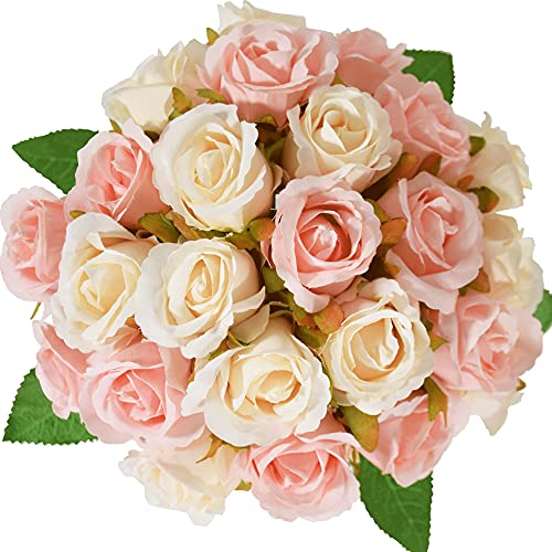 Dayang 2 Bouquets Silk Fake Rose Flowers Bouquets 24 Heads Realistic Artificial Rose Flowers Natural Roses Wedding Bouquets for Vase Floral Arrangement Bridal Wedding Decor(2 Bouquets,Champagne)