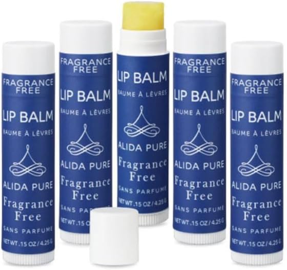 Fragrance Free Lip Balm, Vegan Set, Unscented, No Flavor, Beeswax Free, Organic Jojoba and Avocado Oil, Vitamin E, Natural Moisturizer for Dry, Chapped, or Cracked Lips, 5 Tube Set