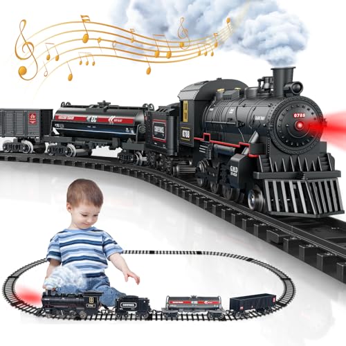 Metal Alloy Train Set for Kids - Electric Trains w/Steam Locomotive, Cargo Cars & Tracks, Sets w/Smoke,Whistle & Lights, Toys Decoration for 3 4 5 6 7 8+ Boys Girls
