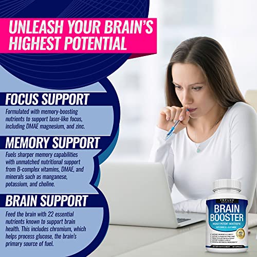 Brain Supplement Nootropic Booster – Brain Pills Vitamin For Focus, Memory, Clarity, Energy & Better Concentration, With Dmae, Bacopa Monnieri, L-Gutamine, For Men Women, 60 Capsules, Toplux Nutrition #TOP4