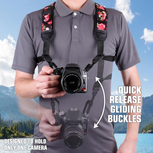 Image of USA Gear DSLR Camera Strap Chest Harness with Quick Release Buckles, Floral Neoprene Pattern and Accessory Pockets - Compatible with Canon, Nikon, Sony and More Point and Shoot and Mirrorless Cameras