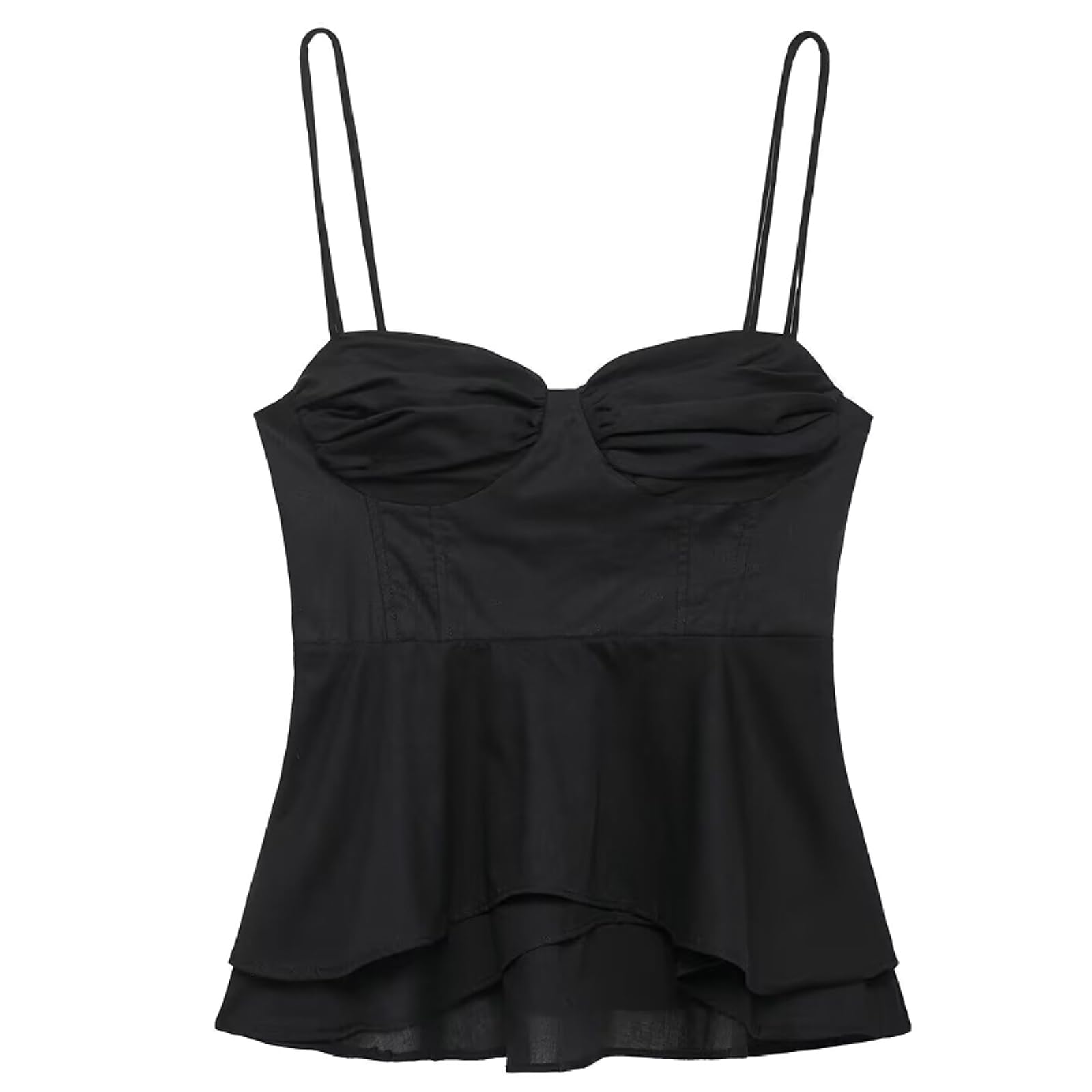Chaleco de Mujer Deslizamiento Corset Top Mujeres Verano Negro Capas Cultivo Camisola con Correas Bustier Ruffled Encaje-up Sin Mangas-Black-m