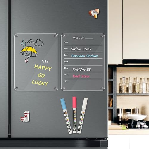 4 THOUGHT Acrylic Magnetic Whiteboard Calendar for Fridge 2pcs Weekly Planner Dry Erase Board 28 x 21.6cm Clear White Board Calendar Set A3 Planner Board with 3 Markers 1 Rag for Home Kitchen, Silver