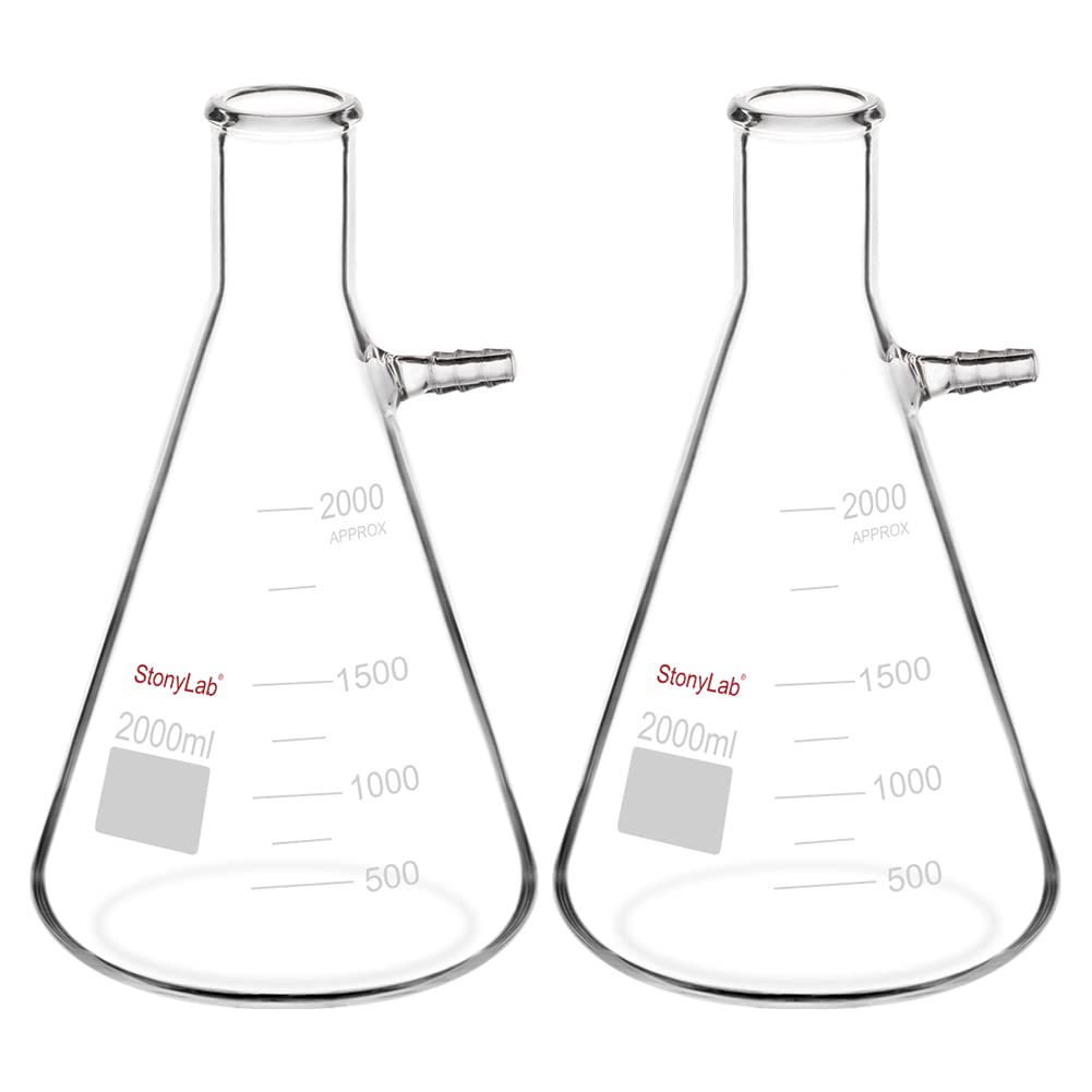 stonylab 2 Confezioni Fiaschetta Filtrante in Vetro Borosilicato da 2000ml, Glass Filtering Flask, Collo a Bullone con Tubazione (2000 ml)