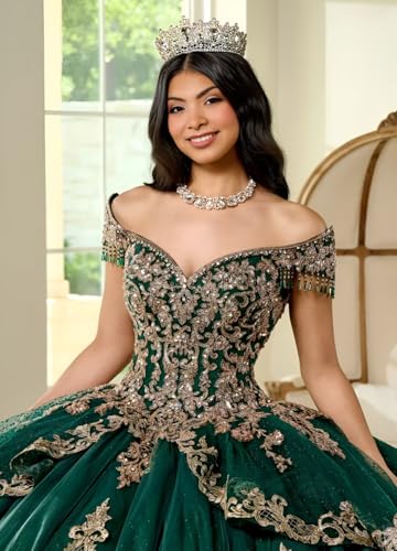 Glitter Tulle Quinceanera Dress with Train Luxury Tassel Sweet 15 16 Dress with Detachable Bow Gold Beaded Ball Gown3