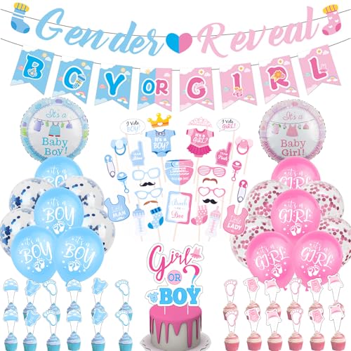 Baby Gender Reveal Decoration Set - 73 Pcs Blue Pink Boy or Girl Banner Latex Balloons Cake Toppers Photo Props Gender Reveal Ideas Decorations for Baby Shower Party Decor Supplies
