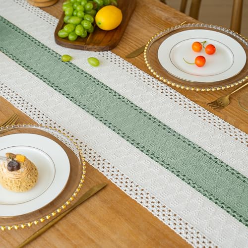 Image of FEXIA Boho Table Runner for Home Decor with Tassels 108 Inches Long,Sage Green Farmhouse Rustic Table Runner Macrame Burlap Table Decoration for Living Room Bridal Shower(12x108 Inches)