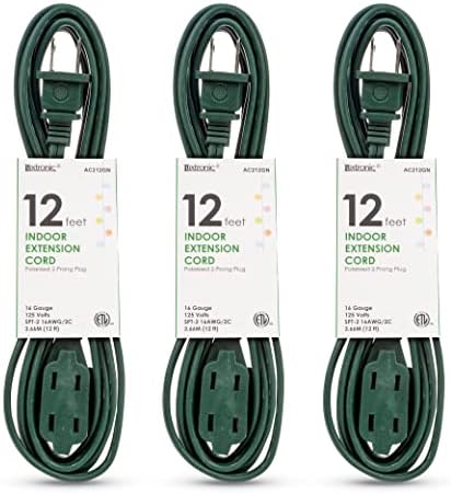 Luxtronic 2-Prong Indoor Extension Cord - Includes 3 Polarized Outlets with Protective Plug Cover - ETL Certified, 16 Gauge, 125 Volts (9 Feet Long, Green) - Pack of 3