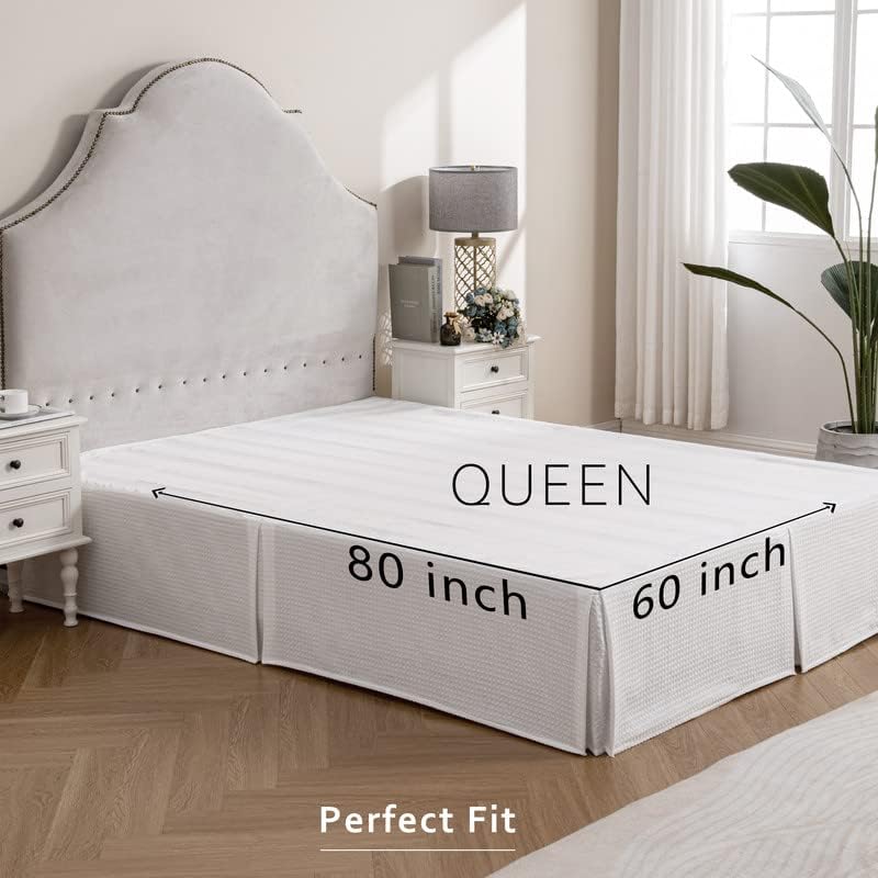 Image of MIYE Pleated Waffle Weave Bed Skirt, Tailored Dust Ruffle 16 Inch Drop Easy Fit, Machine Washable (White, Queen - 16 inch Drop)