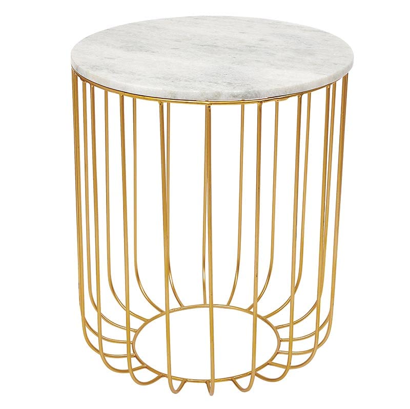 47th & Main Modern Round Marble Top Basket Iron End or Side Table for Living Room, 17" Diameter x 20" H, White/Gold