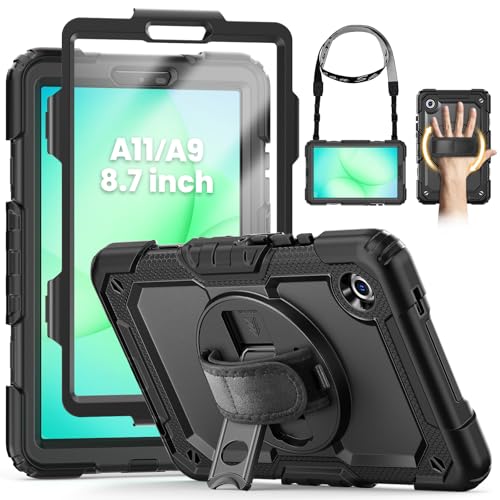 SEYMCY Case for Samsung Galaxy Tab A11/ A9 8.7 Inch 2025/2023, Full Body Shockproof with Screen Protector, 360° Rotating Hand Strap & Stand, Shoulder Strap for Samsung A11/A9 Tablet Case, Black