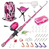 Lanaak Kids Beginner's Fishing Pole and Tackle Box - with All New Kids Camo Back-Pack, Net, Reel and Beginner’s Guide - Rod and Reel Kit for Boys, Girls, or Youth (Camo Pink)
