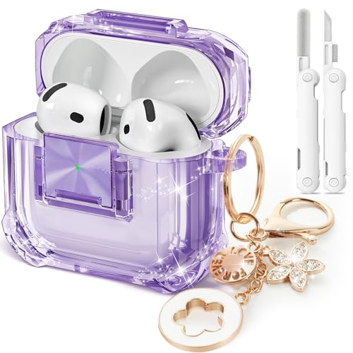 Image of for Airpods 4 Case with Safety Lock,Clear Case Soft TPU Shock-Proof Protective Cover with Cute Bling Keychain and Cleaner kit for Women Girls-Clear Purple