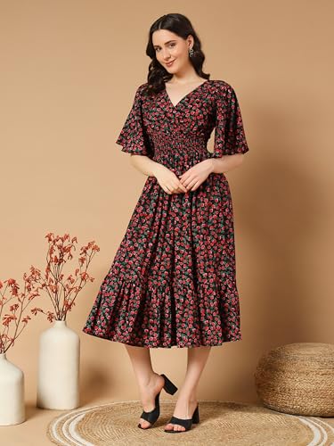 Kzully Women's Rayon Smocked Midi One Piece Dress (6001-Red-Small-Flower-S_Red-Flower_S)