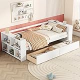 HoRunzelin Twin Size Daybed with Storage Shelves and Drawers, Pine Wood Bookcase Bed with Storage Headboard for Kids Boys Girls, Easy Assembly, White
