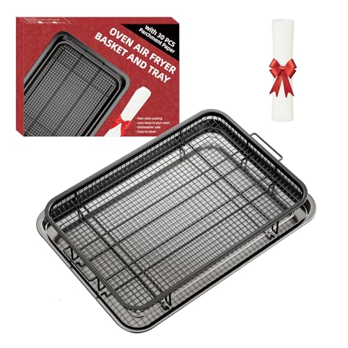 Image of Air Fryer Basket for Oven, Large 15 inchx11 inch Air Fryer Pans for Convection Oven | with 30 Sheet Per-cut Parchment Papers,THORSES Non-Stick Stainless Steel Air Fryer Basket and Tray for Multi Cooking-Black