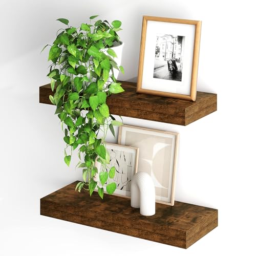 Fun Memories Floating Shelves for Wall, 20Inch Floating Shelves Set of 2, Hanging Shelf with Invisible Brackets, Wood Shelves for Living Room, Bedroom, Kitchen, Brown