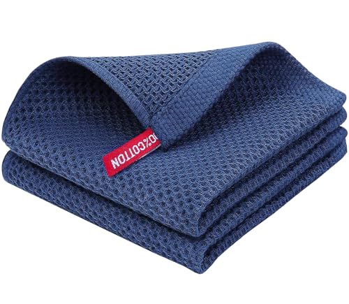 Image of Kitchen Cotton Lint Free Waffle Weave Hand Towels, Quick Drying Dish Cloths, Highly Absorbent Dish Rags Tea Towels Set with Hanging Loop, 13.4 inchx 13.4 inch, Dark Blue, Pack of 2