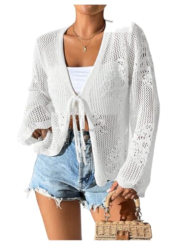 Milumia Women's Hollow Out Long Sleeve Crochet Cardigan Tie Front Knitted Sweater Tops2