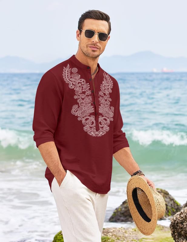 Image of FINIVO FASHION Men's Cotton Blend Short Kurta with Full Sleeves and Ethnic Neck Design | Casual Crinkle Texture Kurta with Mandarin Collar