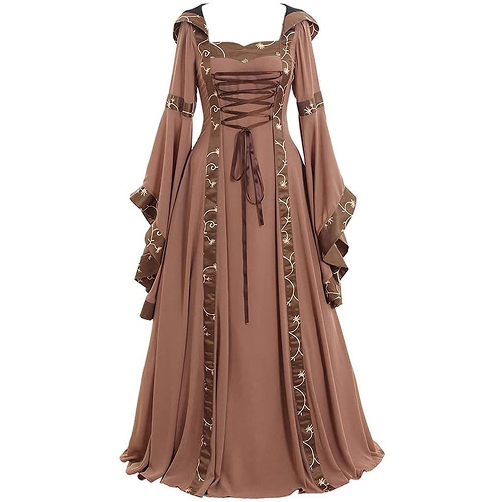 Women Renaissance Medieval Dress Irish Hooded Vintage Gothic Fairy Ball Gown Chemise Lace Up Long Flared Sleeve Dress Party