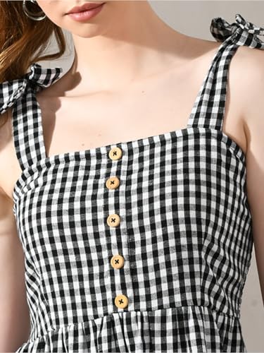 Image of Women's Gingham Checkered Summer Dress | Sleeveless A-Line Mini Dress with Shoulder Tie Straps & Button Front | Casual Picnic, Beach Wear