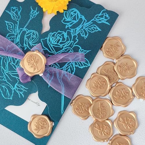 Wax Seal Stickers - 3D Rose Wedding Invitation Envelope Botanical Seal Stickers, 50 Pcs Self- Adhesive Light Gold Stickers, Perfect for Invitation, Christmas, Gift Wrapping, Wedding, Party