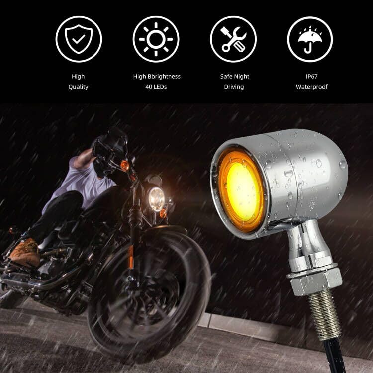 Image of Vintage Motorcycle Turn Signals LED Front Lights 2 PCS, 40 LEDs Motorbike Switchback White Amber Light for Running Turn Blinkers Universal Fit Chopper Bobber Mine Bikes - Chrome